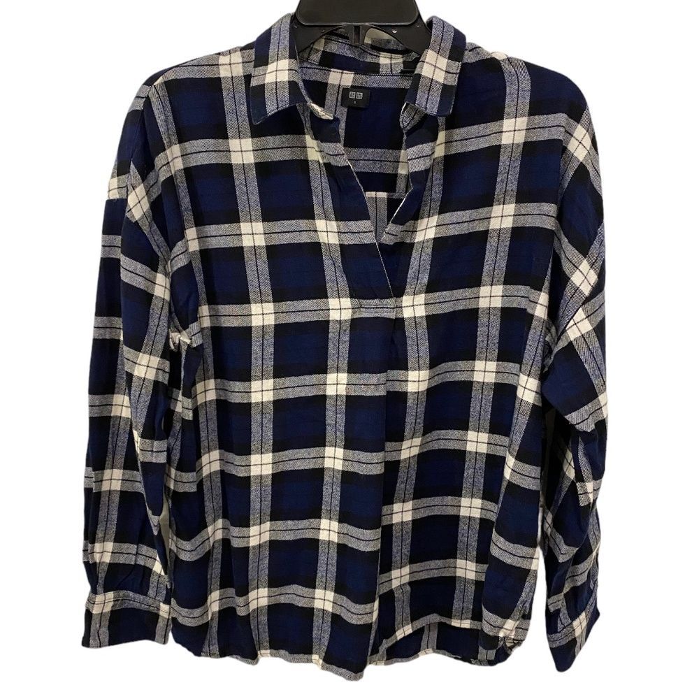 Uniqlo Plaid Flannel Pullover Shirt Blue White Check Collared Women's Small